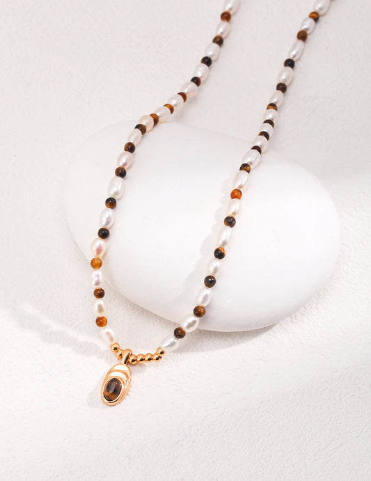 vintage Natural Pearl & Tiger Eye Stone Necklaces